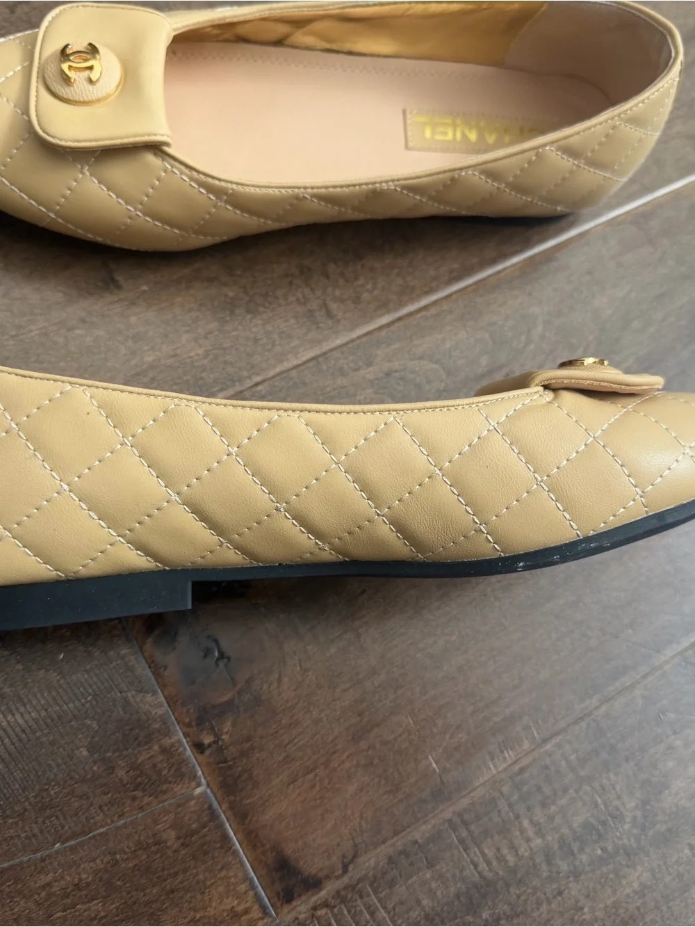 Cream Quilted Leather Logo Ballet Flats
